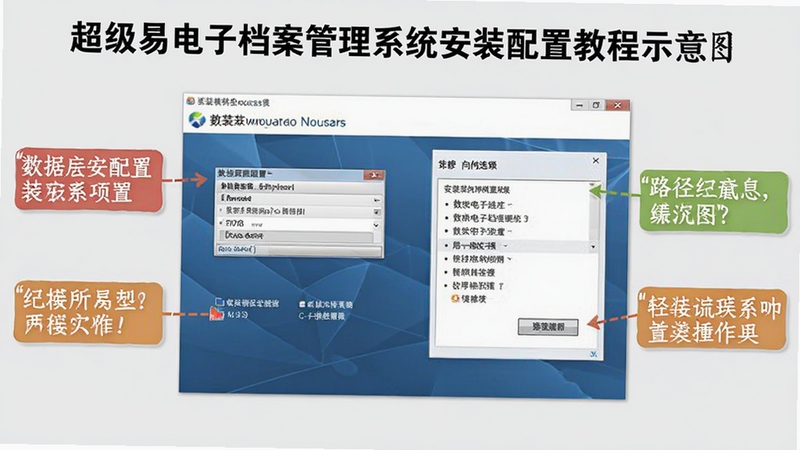 超易电子档案管理系统安装配置教程示意图,画面主体为中央的安装向导界面截图,背景为浅灰色,展示数据库配置与路径选择步骤,清晰标注注意事项