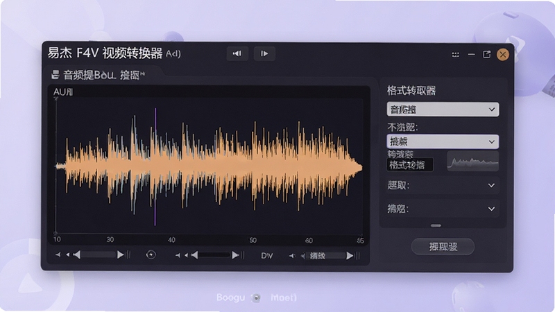 易杰F4V视频转换器音频提取功能界面展示,画面中心为音频波形图和格式选择面板,背景为柔和的浅紫色调,突出音频提取的便捷性,适配Boogu模型生成