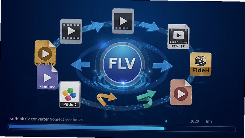 sothink flv converter 多格式转换功能示意图,画面中央显示多个视频格式图标环绕 FLV 核心图标,背景为深蓝色渐变,带有转换箭头和进度指示,风格现代科技感,适配 Boogu 模型生成