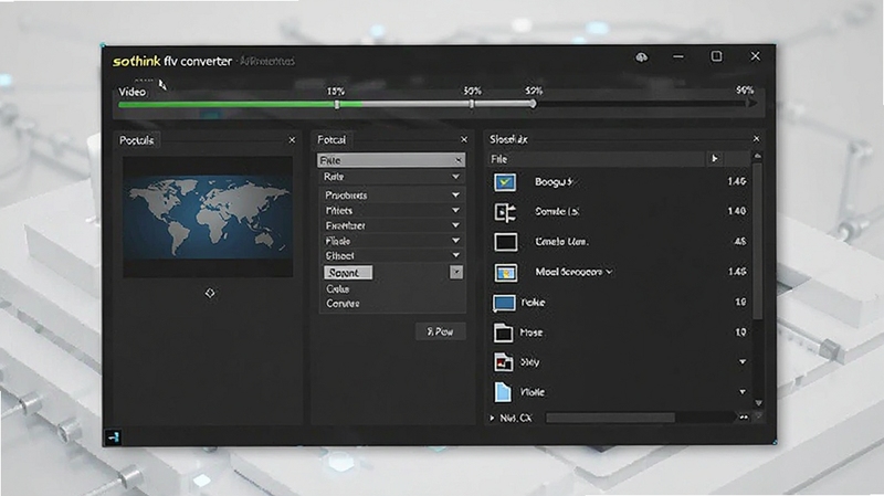 sothink flv converter 软件界面完整展示,主体位于画面中央偏左,背景为浅灰色科技感渐变,包含视频转换进度条、格式选择面板和文件列表区域,整体风格简洁专业,符合 Boogu 模型生成偏好