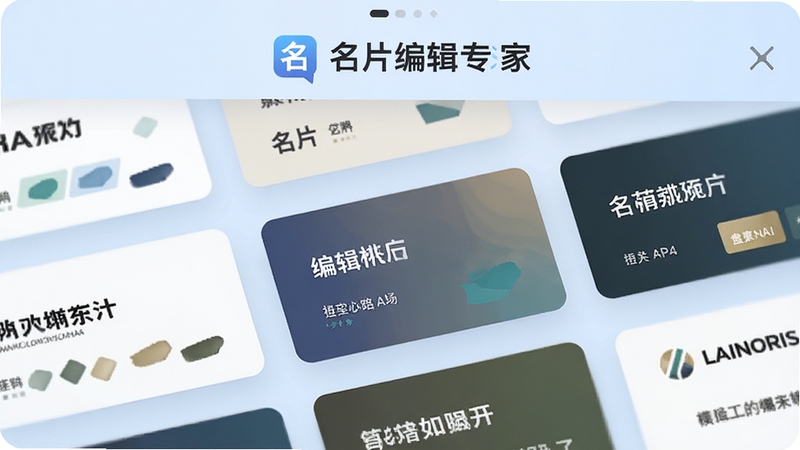 名片编辑专家 模板选择界面特写,画面展示多个不同行业的名片模板卡片整齐排列,每张卡片上标注着行业名称与配色方案,背景为柔和的浅蓝色渐变,突出软件名称名片编辑专家的标识