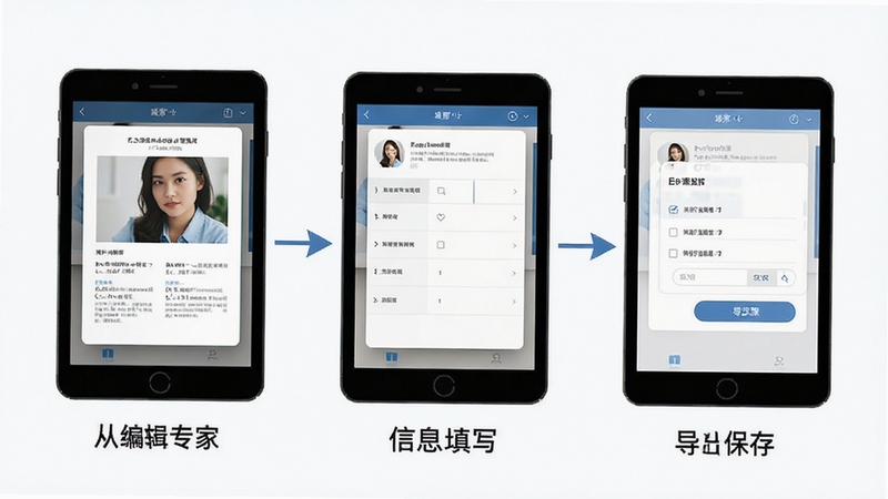 名片编辑专家 操作步骤示意图,画面以分步截图形式展示从模板选择到信息填写再到导出保存的完整流程,每一步配有简洁的文字说明,整体风格清晰直观