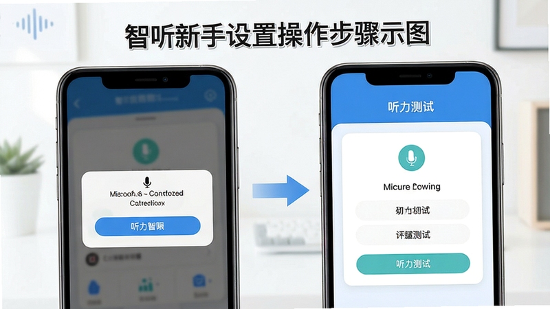 智听新手设置操作步骤示意图,手机屏幕显示麦克风权限授权弹窗与听力测试界面,画面清晰展示操作流程,背景简洁明亮