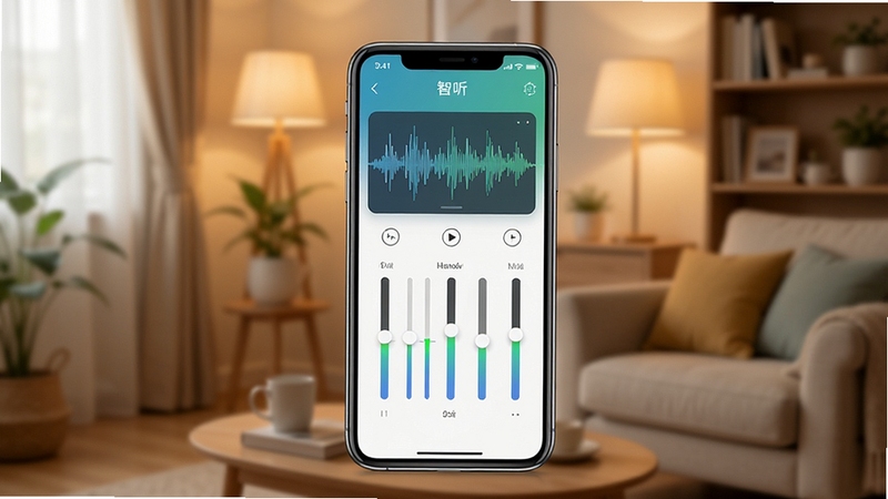 智听软件实时声音增强功能界面展示,手机屏幕显示音频波形与均衡器调节滑块,背景为温馨居家环境,画面中央为智听应用主控制面板,色调柔和清晰