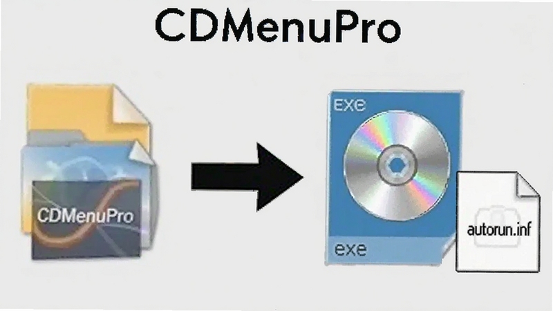 一张CDMenuPro编译输出示意图,画面左侧是工程文件图标,右侧是一个带光盘图案的exe文件和一个autorun.inf文件,中间有箭头表示转换过程,背景为浅灰色,整体突出CDMenuPro一键编译的便捷性