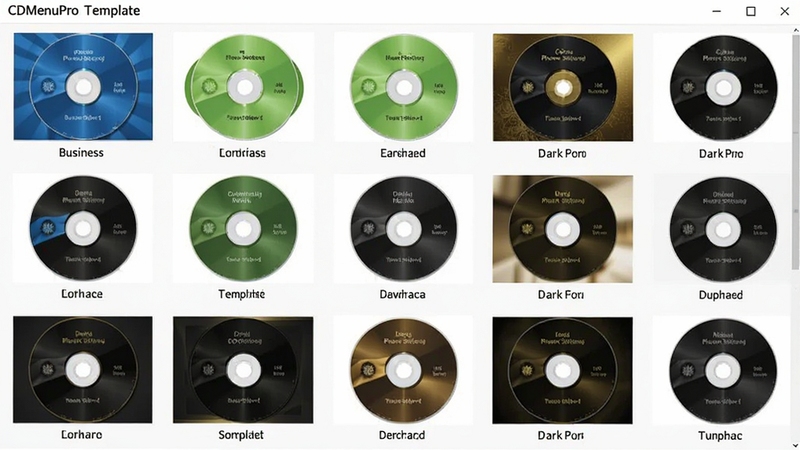 一张CDMenuPro模板库界面截图,画面中排列着多个不同风格的光盘菜单缩略图,有商务蓝、清新绿、暗黑金等配色,每个缩略图下方有模板名称,整体布局整齐,体现模板丰富多样