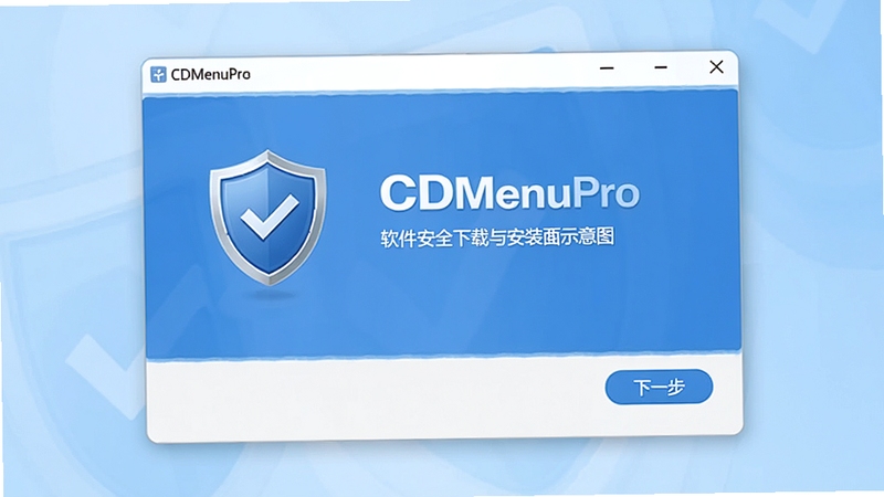 CDMenuPro 软件安全下载与安装界面示意图,画面显示一个干净的安装向导窗口,带有盾牌安全图标和“下一步”按钮,背景为浅蓝色渐变,突出安全靠谱的下载安装体验