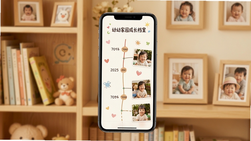 幼幼家园成长档案页面展示,画面中央为手机屏幕显示孩子成长时间轴与照片墙,背景区域为柔和暖色调的书架与相框装饰,突出记录与回忆的氛围