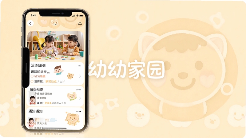 幼幼家园家园动态功能界面展示,手机屏幕中显示班级活动照片与通知列表,背景为温馨的浅色渐变,画面中央有幼幼家园软件名称标识,整体风格清新简洁