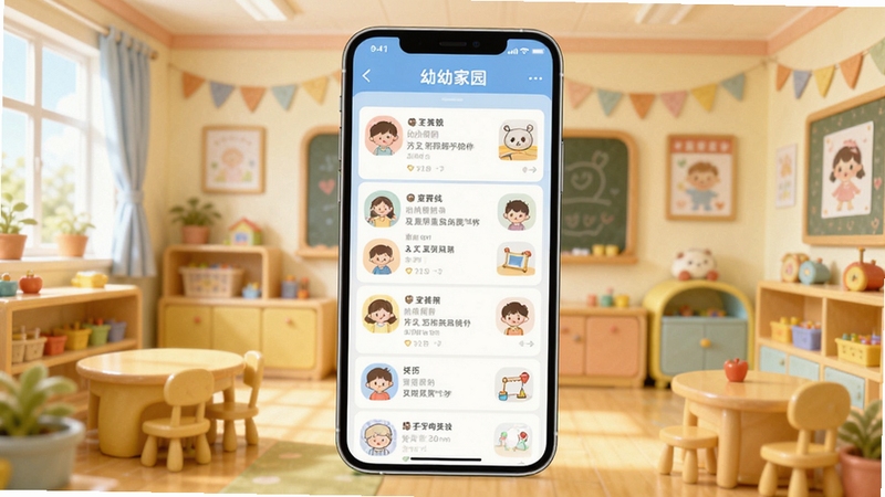 幼幼家园软件主界面全貌展示,画面中央为手机屏幕显示家园互动信息流,背景区域为温馨的幼儿园教室环境,色彩柔和明亮,卡通风格,突出家园共育主题