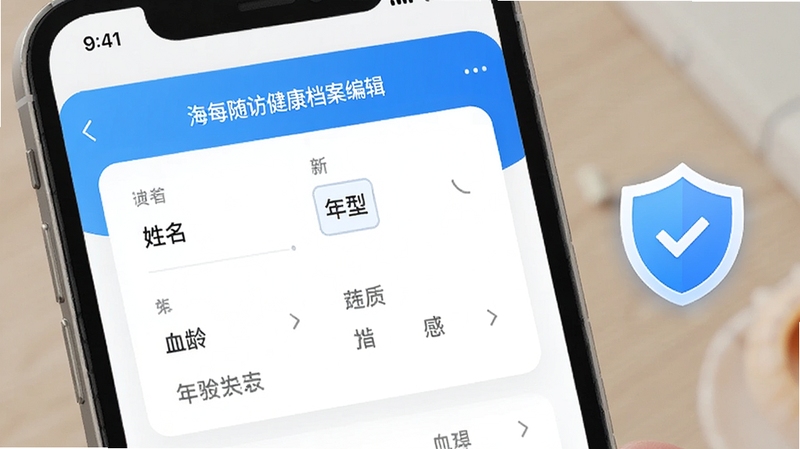 手机屏幕展示海贝随访健康档案编辑页面,包含姓名年龄血型等字段填写框,背景为白色卡片式布局,旁边有盾牌图标象征数据安全,整体风格简洁明亮