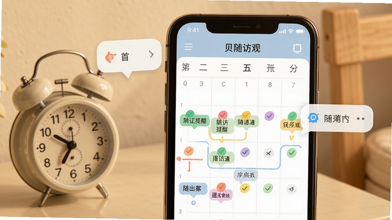 海贝随访应用内日历视图,标注了多个彩色随访提醒标记,手机旁有闹钟和通知气泡元素,背景为柔和暖色调,体现提醒功能的重要性