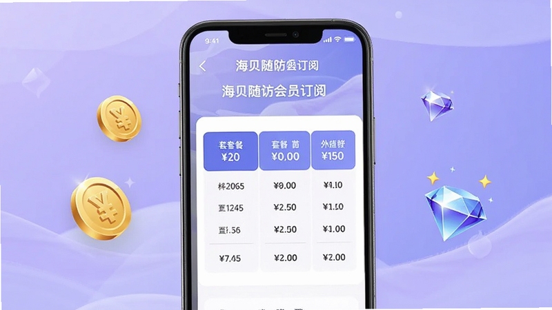 手机屏幕显示海贝随访会员订阅页面,包含不同套餐价格对比表格,背景为淡紫色渐变,旁边有金币和钻石图标装饰