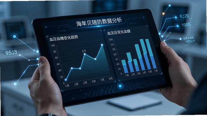 平板电脑屏幕上显示海贝随访的数据分析图表,包含折线图和柱状图展示血压血糖变化趋势,背景为深色科技感界面,周围有数据节点连接线