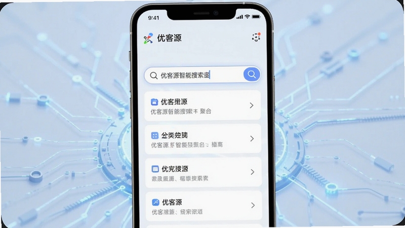 优客源智能搜索界面展示,手机屏幕中搜索框输入关键词后弹出多条分类结果,界面简洁清晰,背景为淡蓝色科技感线条,突出优客源智能搜索聚合功能,适配Boogu模型生成