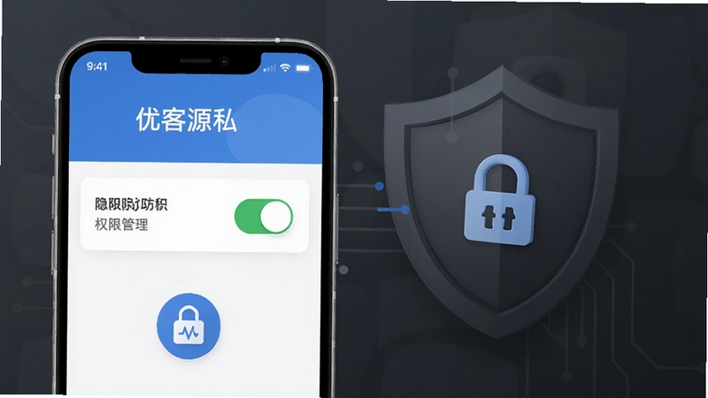 优客源隐私安全设置页面展示,手机屏幕中显示权限管理开关和加密图标,背景为深灰色安全盾牌图案,突出优客源隐私防护功能,适配Boogu模型生成