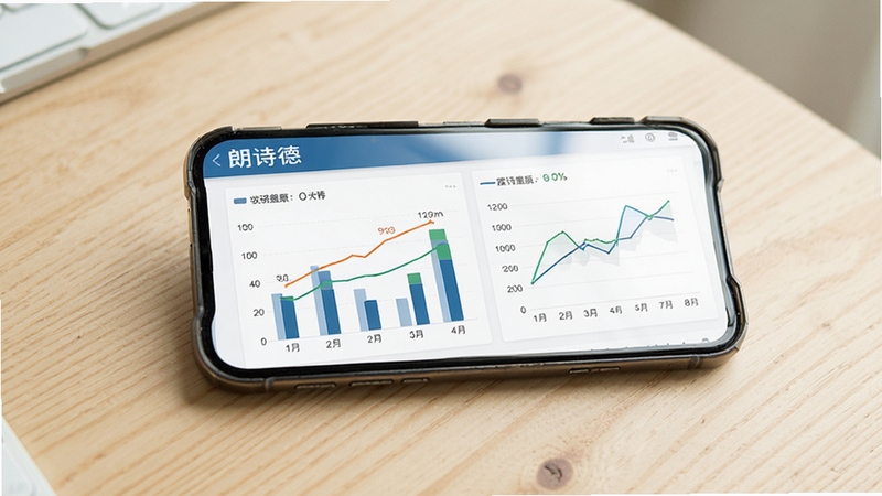 朗诗德在线用水统计图表界面,手机屏幕显示柱状图和折线图,数据清晰可见,背景为浅色木质桌面,画面清新自然,突出数据可视化功能