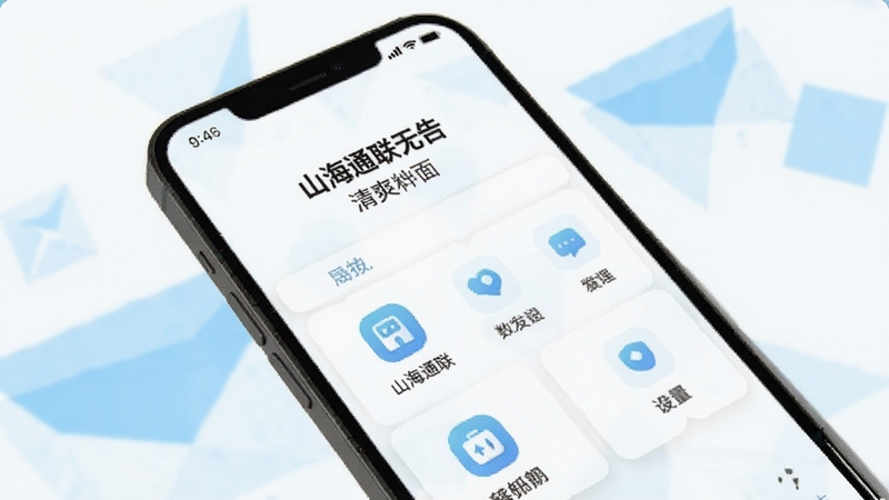 山海通联无广告清爽界面展示,手机屏幕内显示简洁的功能菜单与图标,背景为纯白色搭配淡蓝色几何装饰,突出轻量纯净的视觉感受,适合Boogu模型生成