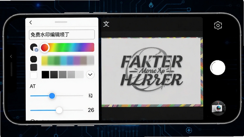 免费水印AI相机 自定义水印编辑界面,手机屏幕显示水印编辑面板,包含文字输入框、颜色选择器、字体调节滑块等控件,屏幕预览区显示正在编辑的水印效果,背景为深色科技风格,突出编辑功能强大