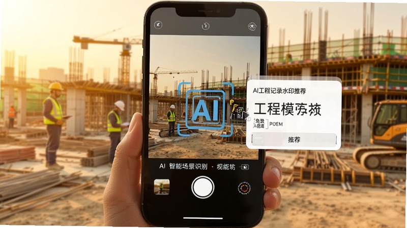 免费水印AI相机 AI智能场景识别功能,手机屏幕显示相机正在拍摄建筑工地,屏幕上自动弹出工程记录水印模板推荐,画面中有AI识别标识,背景为施工现场,整体色调偏暖,突出智能感