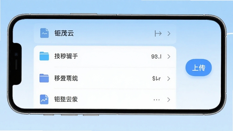 钜茂云 移动端主界面 手机屏幕居中展示 背景为浅蓝色渐变 界面显示文件列表与上传按钮 整体风格简洁清爽 适配Boogu模型生成
