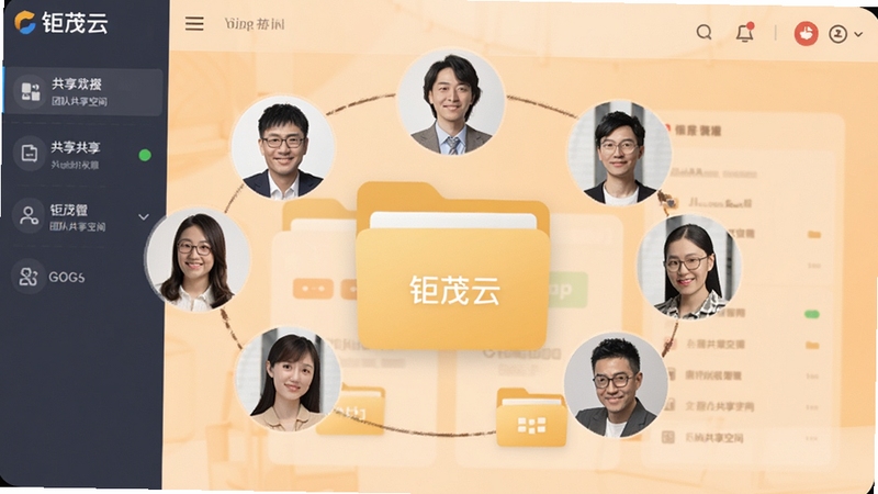 钜茂云 团队共享空间界面 多人头像围绕共享文件夹 背景为柔和橙色 体现协作氛围 适配Boogu模型生成