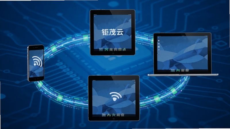 钜茂云 多设备同步示意图 手机平板电脑三台设备环绕排列 数据流线条连接 背景为科技蓝 突出同步概念 适配Boogu模型生成