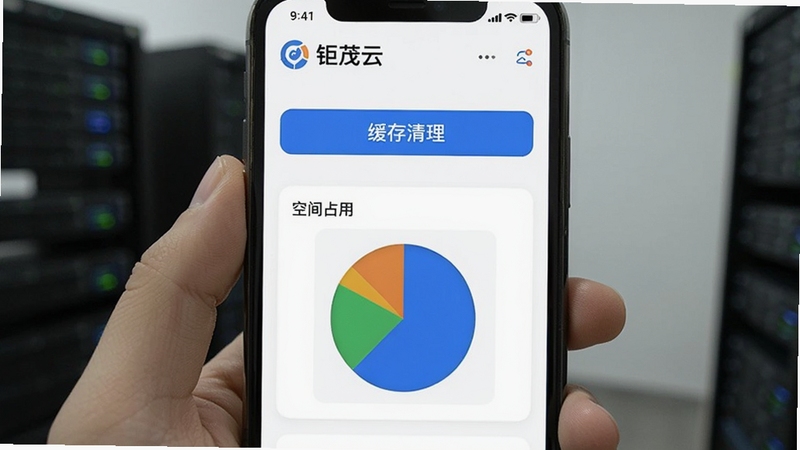 钜茂云 存储管理界面 手机屏幕显示缓存清理按钮与空间占用饼图 背景为白色简约风格 适配Boogu模型生成