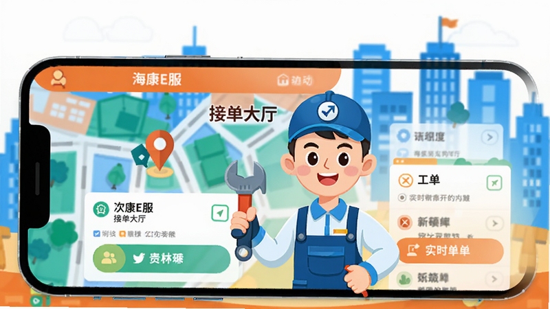 海康E服 接单大厅界面 手机屏幕显示地图定位与工单卡片 画面中有工程师卡通形象手持工具 背景为城市楼宇轮廓 风格扁平化 色彩鲜明 突出实时抢单功能
