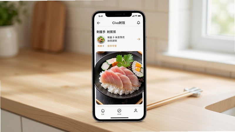 Civa刺饭 应用界面整体预览图,画面中央展示手机屏幕内菜谱列表与刺身饭成品图,背景为浅木色厨房台面,柔和自然光,整体风格清新简洁,突出美食应用氛围
