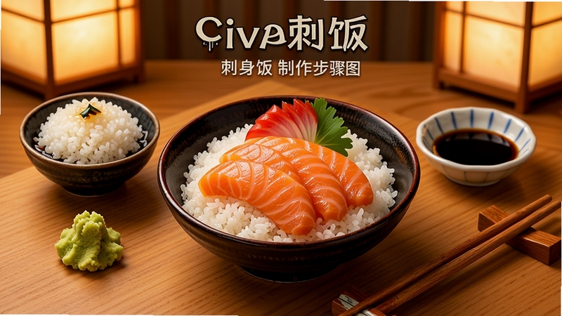 Civa刺饭 刺身饭制作步骤示意图,画面中央为一份摆放整齐的三文鱼刺身饭,周围环绕醋饭、山葵、酱油碟等食材元素,背景为日式餐桌,暖色调灯光,细节丰富,体现美食教程氛围