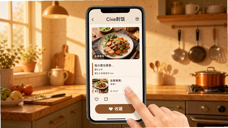 Civa刺饭 新手操作界面示意图,画面中央为手机屏幕展示菜谱步骤与收藏按钮,手指正在点击屏幕,背景为温馨厨房环境,暖色光线,突出上手操作场景
