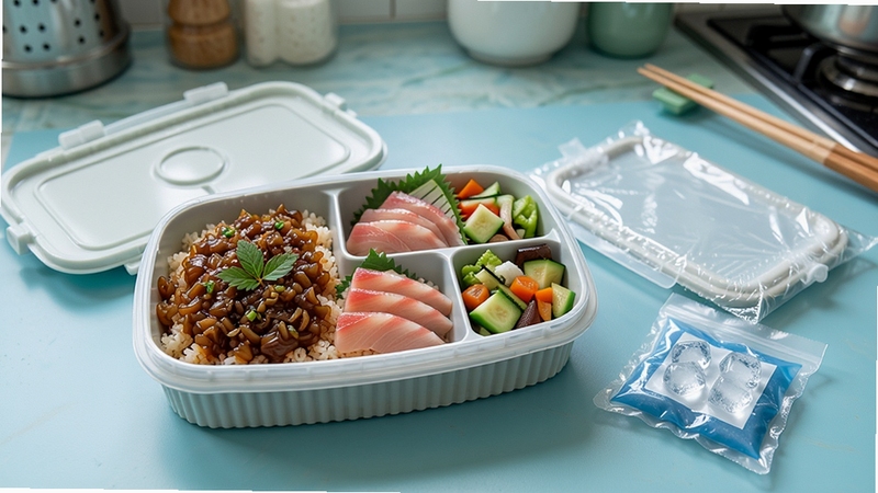 Civa刺饭 刺身饭打包方法示意图,画面中央为一份分格便当盒内整齐摆放醋饭、刺身片与配菜,旁边有保鲜膜与冰袋,背景为厨房操作台,清爽色调,突出便当打包主题