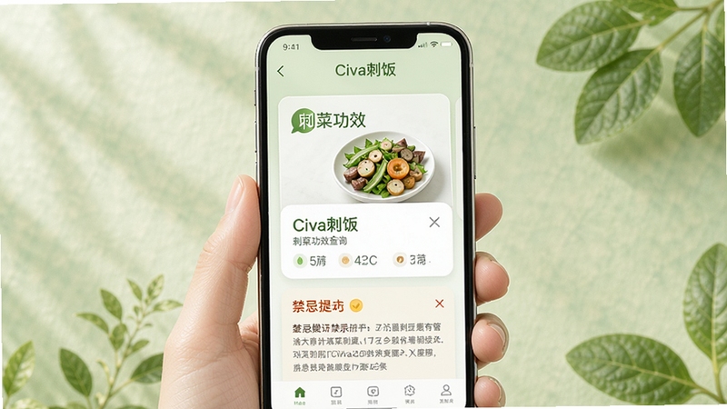Civa刺饭 刺菜功效查询界面图,画面中央为手机屏幕显示刺菜功效卡片与禁忌提示,背景为淡绿色植物纹理,柔和光线,突出健康饮食与知识查询氛围
