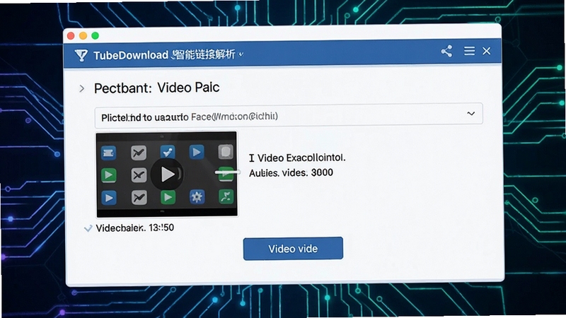 TubeDownload智能链接解析界面,展示粘贴链接后自动识别视频信息的过程,背景为科技感线条装饰,界面反馈清晰直观
