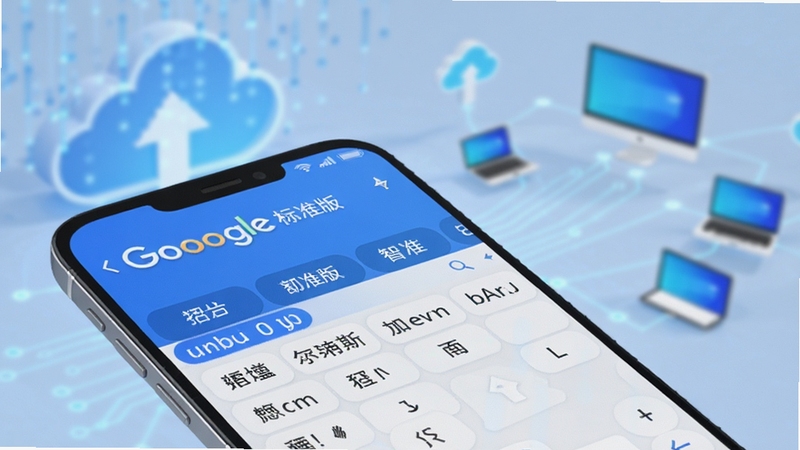 生图提示词:谷歌拼音 标准版在手机屏幕上展示智能联想界面,候选词栏显示着丰富的词汇选项,背景虚化出云端数据流与多台设备互联的科技感线条,整体色调以科技蓝与白色为主,画面清晰明亮