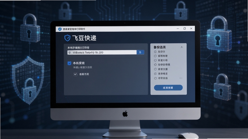 飞豆快递单打印软件数据安全管理界面,画面中央为电脑屏幕显示本地存储路径与备份选项,背景为带有锁形图标的抽象数据保护元素,整体色调沉稳,突出隐私安全与本地化存储概念