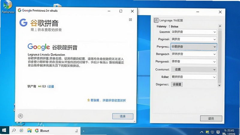 谷歌拼音输入法在Windows系统下的安装配置界面截图,画面展示安装向导窗口与语言设置面板,背景为浅色系统桌面,突出软件名称谷歌拼音,界面元素清晰可辨
