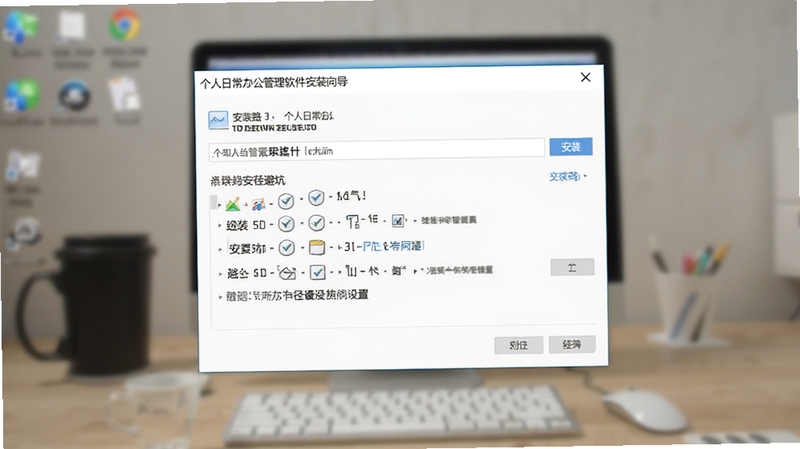 个人日常办公管理软件安装向导界面截图,画面主体为安装路径选择对话框,背景为模糊的电脑桌面,突出安装避坑与路径设置细节