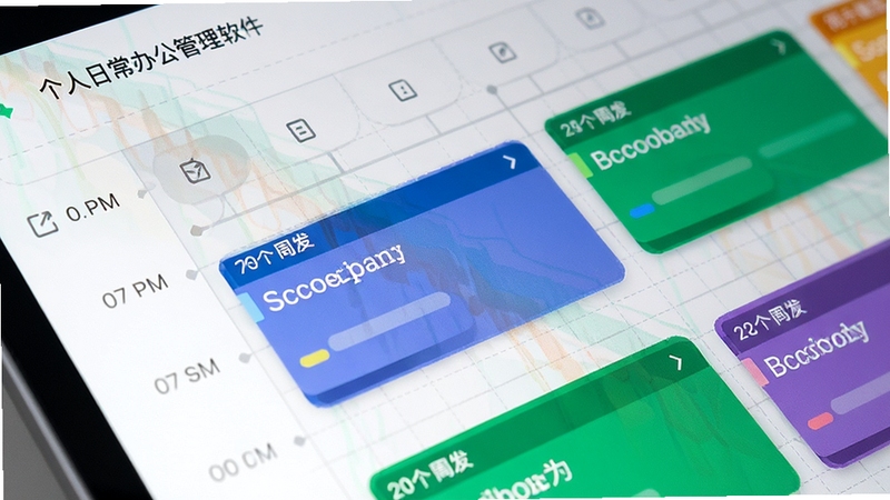 个人日常办公管理软件中的日程视图特写,画面主体为彩色日程卡片按时间轴排列,背景为淡灰色网格,突出日程同步与视图切换功能,风格简约商务