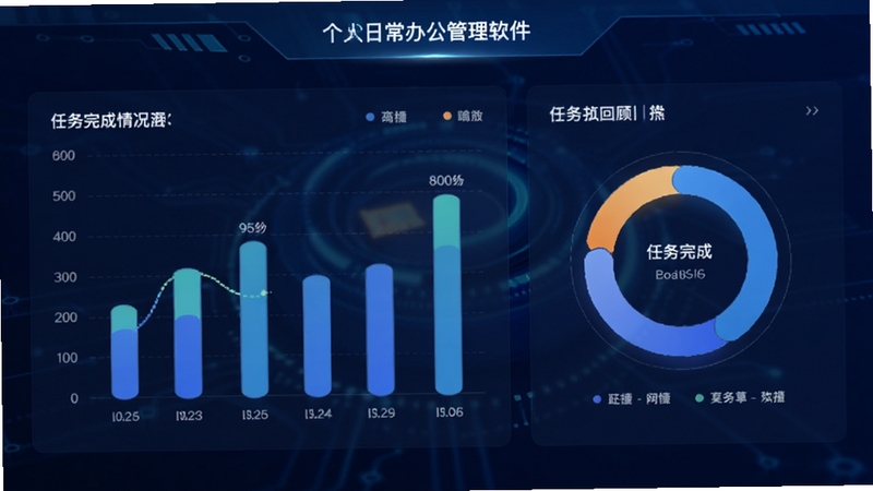个人日常办公管理软件的数据统计面板,画面主体为柱状图与环形图展示任务完成情况,背景为深蓝色渐变科技感,突出数据安全与效率回顾