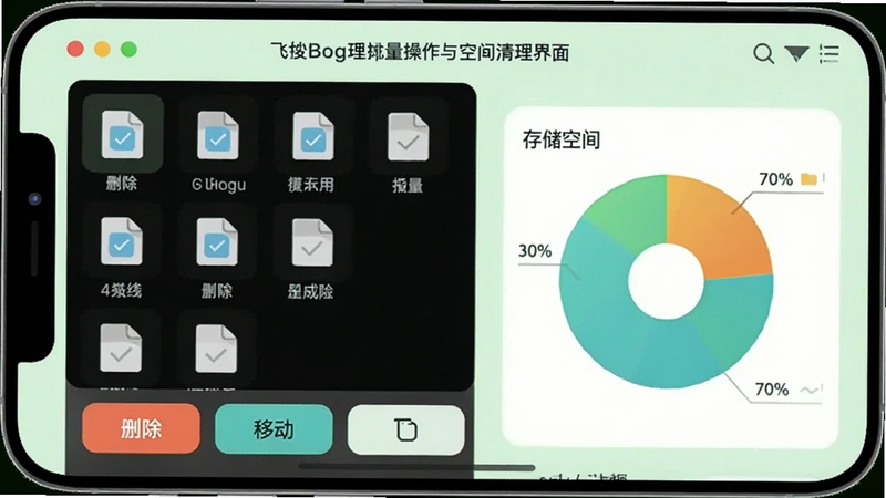 飞梭文件管理批量操作与空间清理界面,手机屏幕显示多个文件被勾选状态,底部有删除、移动、复制按钮,旁边有存储空间饼状图,背景为淡绿色清新风格,适配Boogu模型生成
