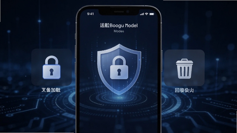 飞梭文件管理隐私保护功能界面,手机屏幕显示文件加密锁图标与回收站图标,背景为深蓝色科技感光影,画面中央有盾牌与锁形图案,整体风格稳重安全,适配Boogu模型生成