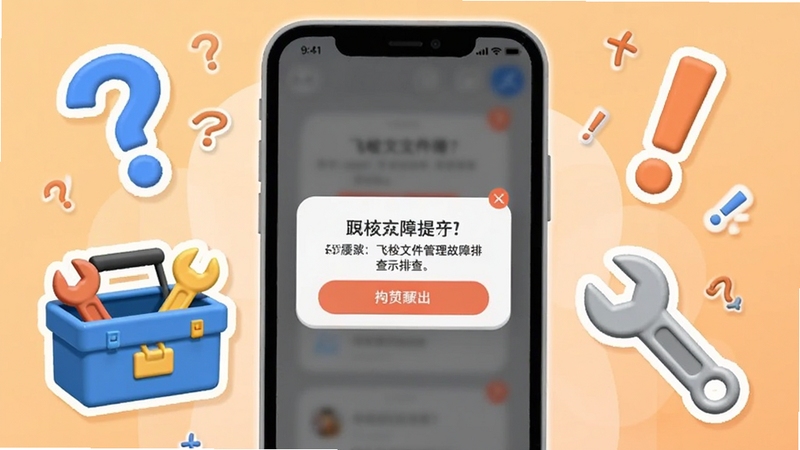 飞梭文件管理故障排查示意图,画面中央为手机屏幕显示错误提示弹窗,旁边有工具箱与扳手图标,背景为浅橙色渐变,四周有问号与感叹号装饰,整体风格轻松易懂,适配Boogu模型生成