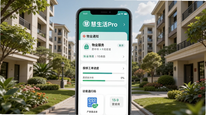 慧生活Pro社区服务页面展示,手机界面中显示物业通知列表、报修工单进度条、访客通行码等元素,背景为小区楼宇与绿化环境,画面清新自然,突出慧生活Pro字样,细节丰富,适配Boogu模型生成。
