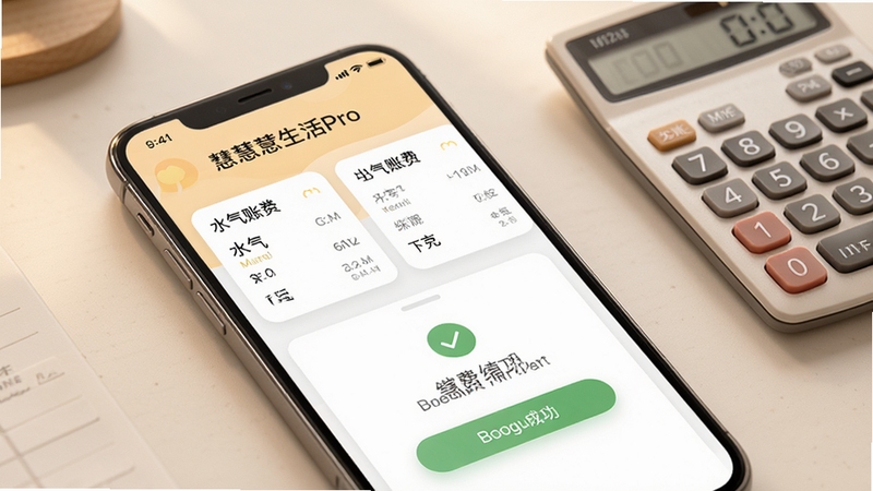 慧生活Pro生活缴费界面展示,手机屏幕显示水电气账单卡片与缴费成功提示,背景为简洁的桌面与计算器,画面色调温和,突出慧生活Pro名称,细节清晰,适配Boogu模型生成。