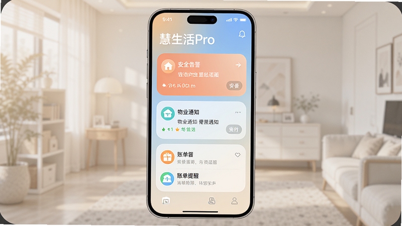 慧生活Pro消息通知中心界面展示,手机屏幕中呈现安全告警、物业通知、账单提醒等分类消息卡片,背景为柔和渐变色调,突出慧生活Pro字样,画面整洁有序,适配Boogu模型生成。