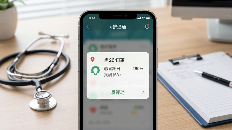 e护通医护端订单推送功能展示图,画面中手机屏幕弹出新订单通知卡片,卡片上显示患者距离和报酬信息,背景为护士站桌面,有听诊器和记录本点缀,整体色调清新专业
