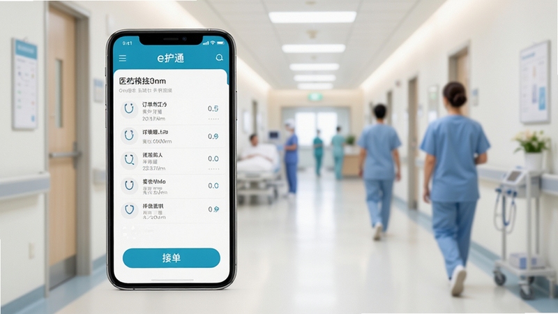 整体展示e护通医护端软件主界面与核心功能模块,画面中央放置一部智能手机,屏幕显示订单列表和接单按钮,背景区域为医院走廊虚化场景,光线明亮柔和,突出医疗健康与移动办公氛围