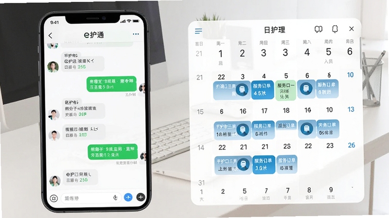 e护通医护端聊天与日程管理界面图,手机屏幕左侧显示聊天对话气泡,右侧显示日历视图上标记了多个服务订单,背景为简约办公桌面,光线均匀